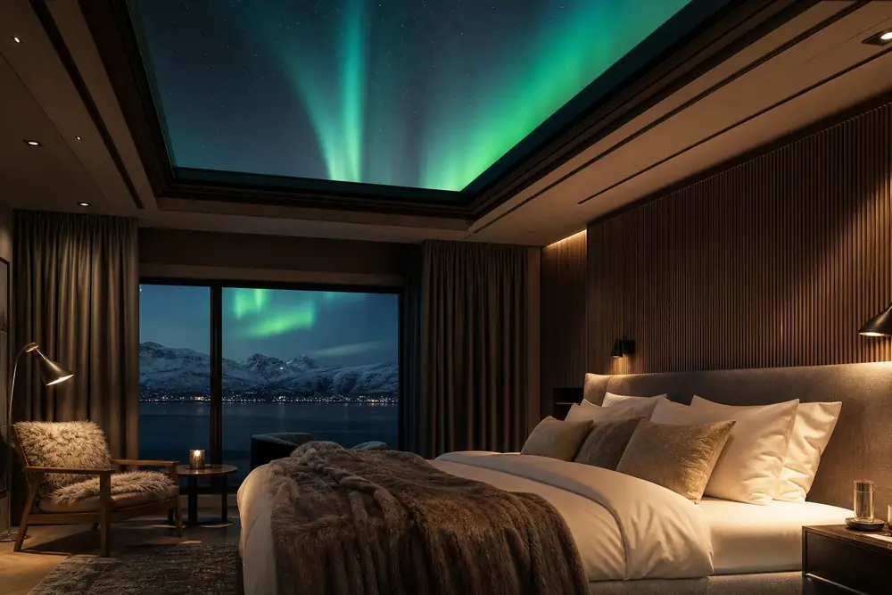 Aurora Suite bedroom with retractable glass ceiling panel for northern lights