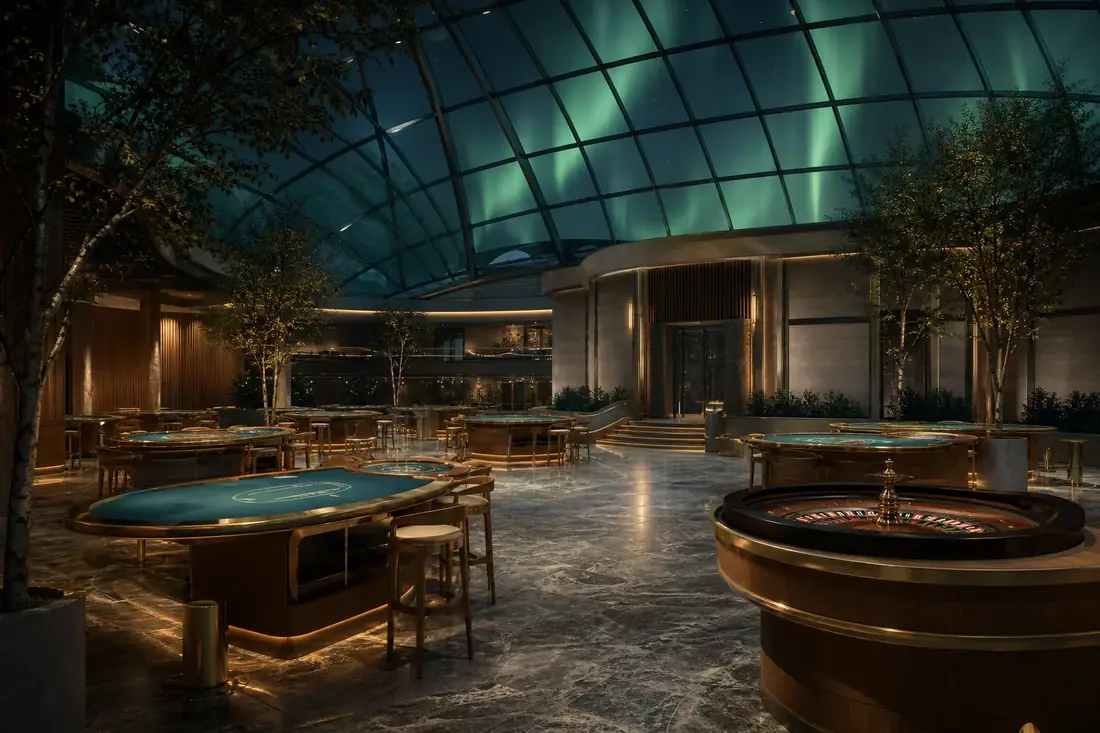 Main gaming hall with table games under a glass aurora ceiling