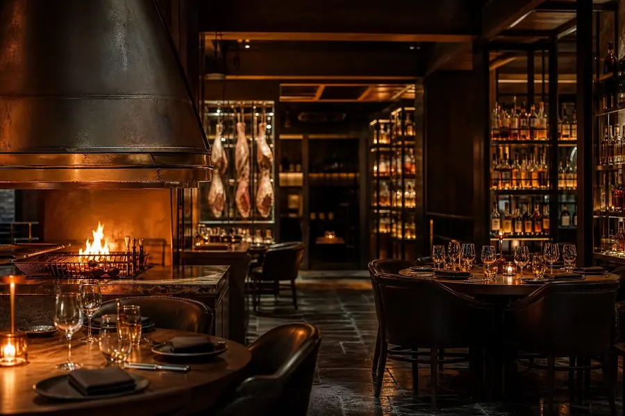 Open-fire grill and whisky library shelves at Salt and Smoke steakhouse
